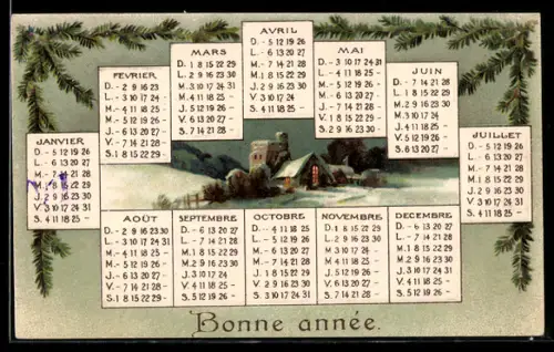 AK Kalender mit verschneiter Ortspartie mit Tannenzweigen im Passepartout