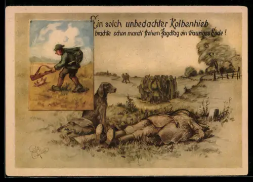 Künstler-AK Heinz Geilfus: Jäger erschiesst sich mit seinem eigenen Gewehr, Kolbenhieb