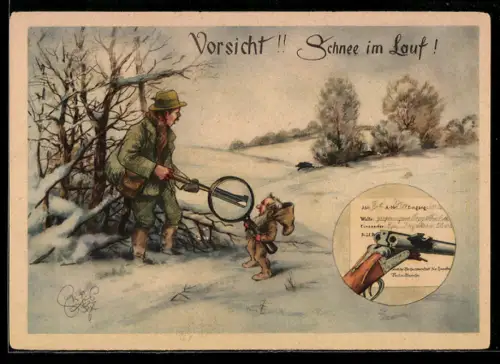 Künstler-AK Heinz Geilfus: Jäger hat Schnee im Lauf seiner Flinte, Jagdhumor