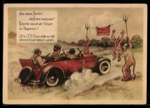 Künstler-AK Heinz Geilfus: Wagen dürfen nur mit entladenem Gewehr bestiegen werden, Warnung von drei Teufeln, Jäger