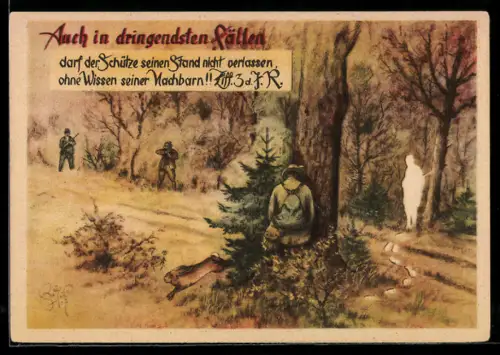 Künstler-AK Heinz Geilfus: Jäger verlässt ohne Nachricht an die Jagdkameraden seinen Stand und pinkelt hinter den Baum