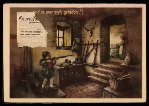 Künstler-AK Heinz Geilfus: Jägerhilfe, Knabe spielt mit dem Gewehr des Vaters