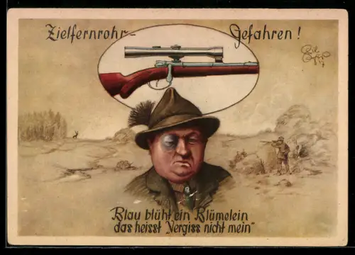 Künstler-AK Heinz Geilfus: Jäger holt sich ein blaues Auge mit dem Zielfernrohr, Jagdhumor