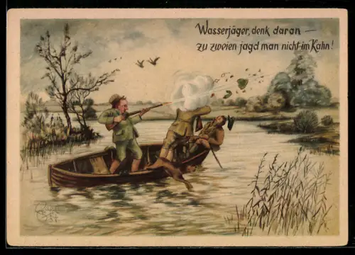Künstler-AK Heinz Geilfus: Wasserjäger erschiesst bei einem Unfall in einem Ruderboot versehentlich einen anderen Jäger
