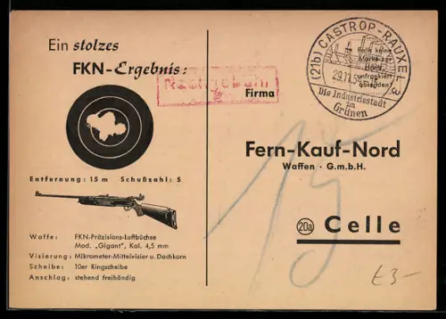 AK Celle, Reklame für FKN-Präzisions-Luftbüchse, Fern-Kauf-Nord, Modell Gigant, Bestellkarte