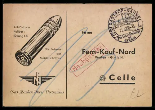 AK Celle, Reklame für 22 Long Rifle Patronen, Fern-Kauf-Nord Bestellkarte