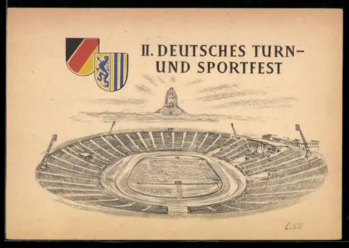 Künstler-AK Leipzig, II. Deutsches Turn- und Sportfest, Stadion, Völkerschlachtdenkmal