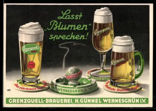 AK Wernesgrün i. V., Grenzquell-Brauerei, Biergläser, Aschenbecher, Werbung
