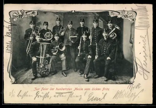AK Blasorchester mit Trompete und Posaune, hunderste Messe vom dicken Fritz