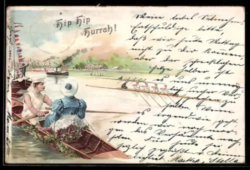 Lithographie Paar auf einem Ruderboot mit Blick zur Küste mit Dampfschiff