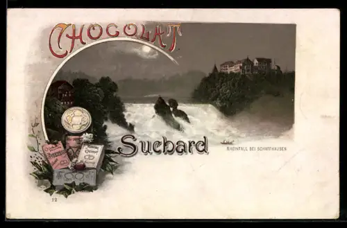 AK Schaffhausen, der Rheinfall, Schokoladen-Reklame für Chocolat Suchard