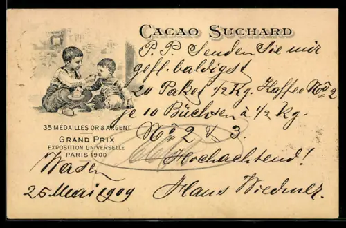 AK Reklame für Cacao Suchard, zwei Kinder mit Schokolade