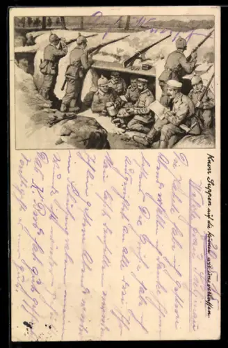 AK Soldaten im Schützgraben bei der Mittagsrast, Reklame für Knorr-Suppen