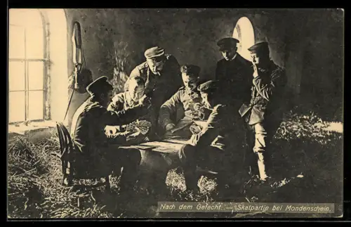 AK Soldaten bei einer Skatpartie bei Mondschein, Kartenspiel