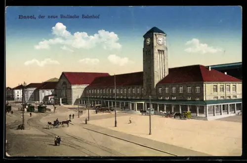 AK Basel, neuer Badischer Bahnhof mit Droschkenparkplatz