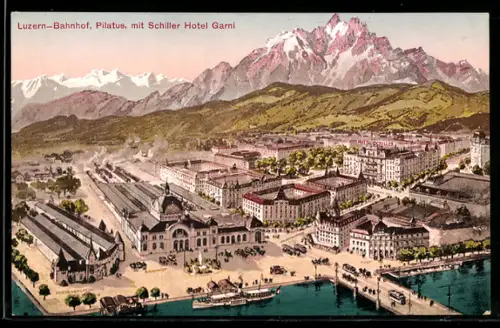 AK Luzern, Bahnhof, Pilatus und Schiller Hotel Garni