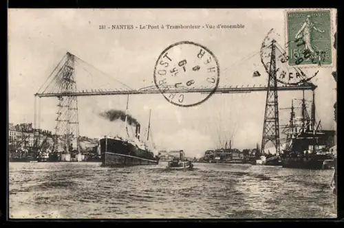 AK Nantes, le Pont à Transbordeur, vue d`ensemble, Dampfer und Segelschiff an der Schwebefähre