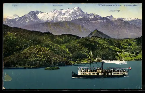 AK Wörthersee, Binnenschiff auf dem See unterwegs, Blick auf Karawanken