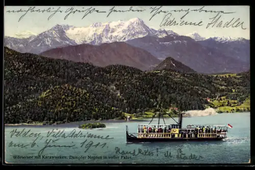 AK Wörthersee mit Karawanken, Dampfer Neptun in voller Fahrt