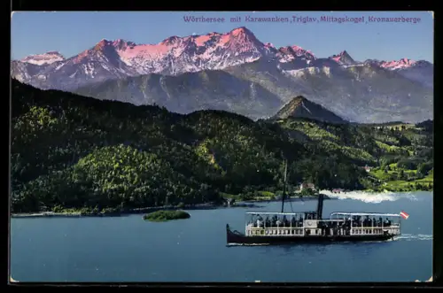 AK Dampfschiff auf dem Wörthersee mit den Bergen Karawanken, Triglav, Mittagskogel und Kronauerberge