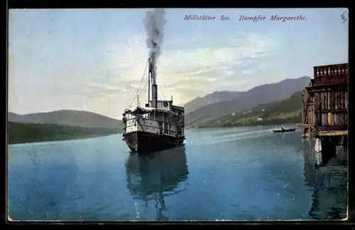 AK Millstätter See, Dampfer Margarethe mit Ruderboot im Hintergrund