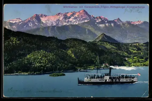 AK Dampfschiff auf dem Wörthersee mit den Bergen Karawanken, Triglav, Mittagskogel und Kronauerberge
