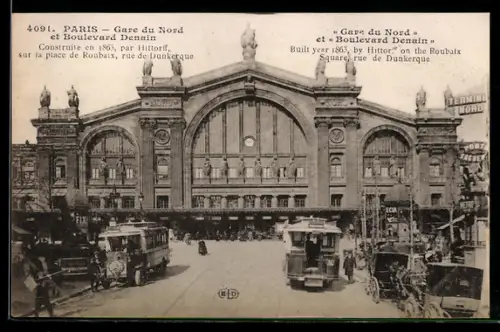 AK Paris, Gare du Nord et Boulevard Denain, facade monumentale avec tramways et calèches