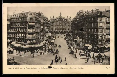 AK Paris, La Gare du Nord et le Boulevard Denain