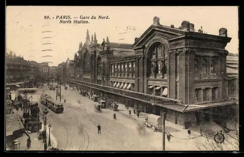 AK Paris, Vue de la Gare du Nord avec tramway sur le boulevard animé