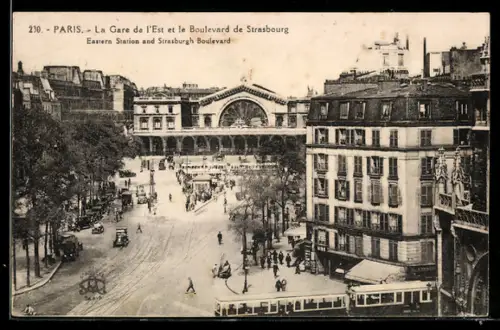 AK Paris, La Gare de l`Est et le Boulevard de Strasbourg avec tramways