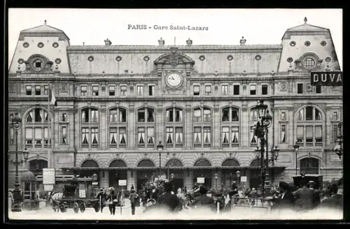 AK Paris, Gare Saint-Lazare avec animation devant la facade