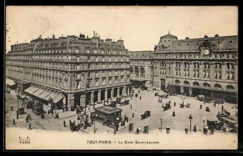 AK Paris, La Gare Saint-Lazare et l`animation autour des bâtiments historiques