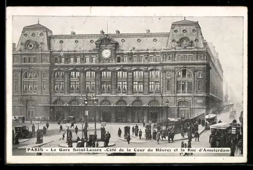 AK Paris, La Gare Saint-Lazare, côté de la Cour du Havre et la Rue d`Amsterdam