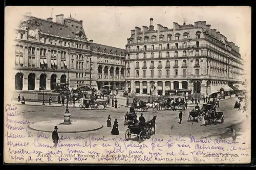 AK Paris, Place de l`Opéra avec calèches et passants animés