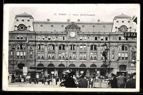AK Paris, Gare Saint-Lazare et animation devant la facade principale