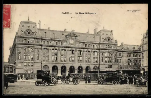 AK Paris, La Gare St Lazare avec voitures et passants