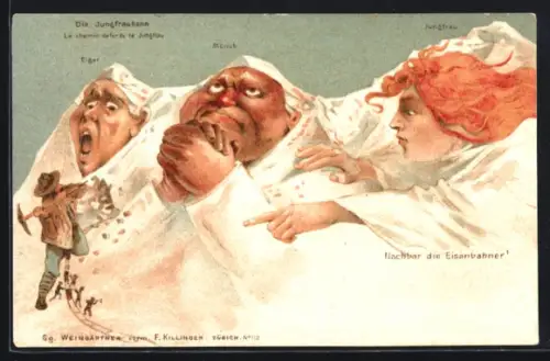 Lithographie Eiger, Mönch und Jungfrau mit der Jungfraubahn, Killinger Nr. 112, Berg mit Gesicht / Berggesichter