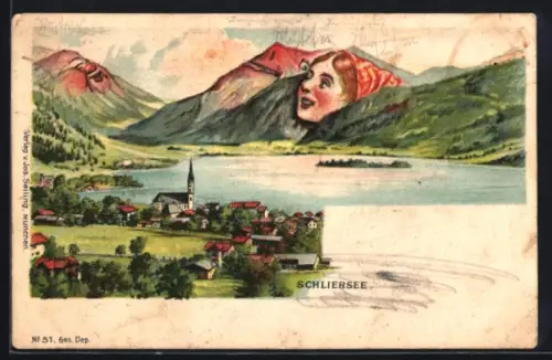 Lithographie Seiling Nr. 51: Schliersee, Berg mit Gesicht / Berggesichter