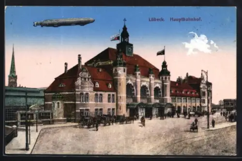 AK Lübeck, Luftschiff Zeppelin über dem Hauptbahnhof