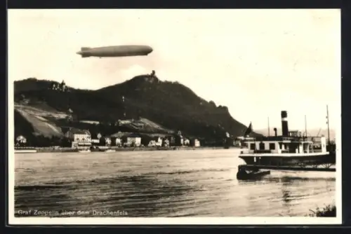 AK Königswinter, Luftschiff Graf Zeppelin über dem Drachenfels und über dem Rhein, Dampfer