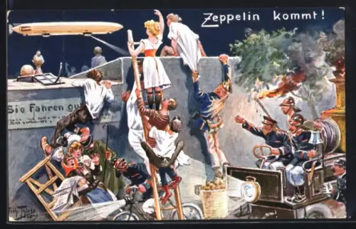 Künstler-AK A. Thiele: Zeppelin kommt! Leute schauen bei Nacht hinüber zum Luftschiff