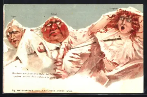 Künstler-AK Weingärtner vorm. Killinger Nr. 115: Jungfrauenbahn fährt durch die vermenschlichten Berge, Berggesichter