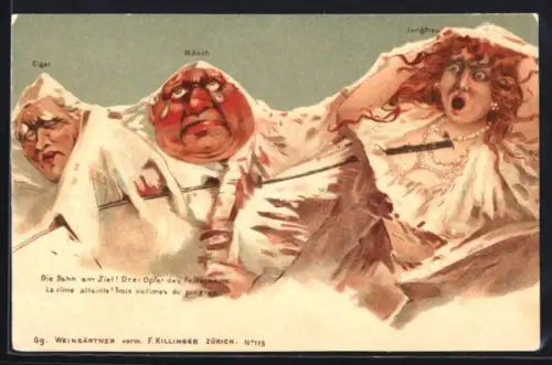 Künstler-AK Weingärtner vorm. Killinger Nr. 115: Jungfrauenbahn fährt durch die vermenschlichten Berge, Berggesichter