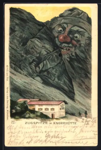 Künstler-AK Seiling Nr. 45: Zugspitze mit Knorrhütte, Berg mit Gesicht / Berggesichter