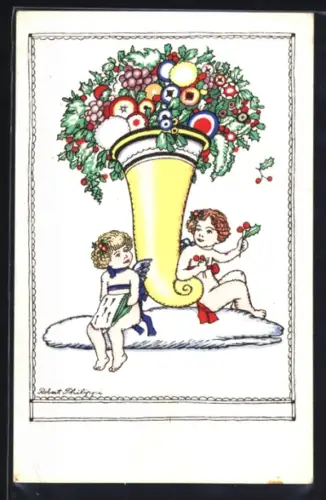 Künstler-AK Robert Philippi: Zwei Engel mit Stechpalmenzweig sitzen neben Füllhorn auf einer Wolke