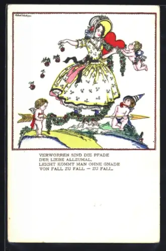 Künstler-AK Robert Philippi: Verworren sind die Pfade der Liebe..., Mädchen balanciert auf Amors Pfeil