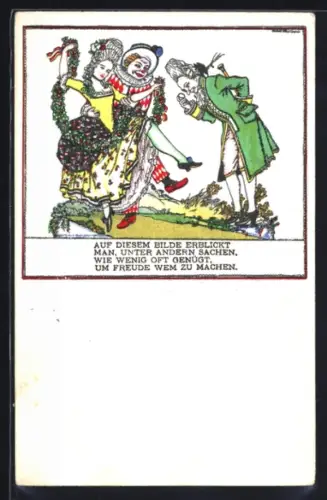 Künstler-AK Robert Philippi: Eleganter Mann sieht auf das schöne Bein einer Dame mit Clown