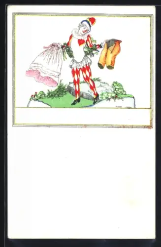 Künstler-AK Robert Philippi: Clown mit rosanem Kleid und Hose
