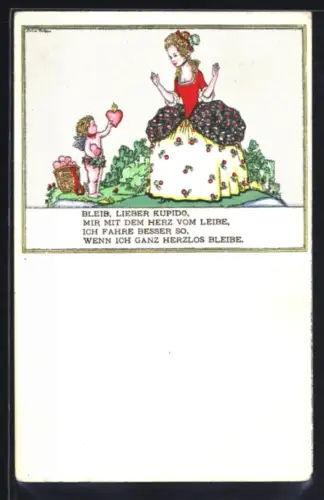 Künstler-AK Robert Philippi: Bleib, lieber Kupido, mir mit dem Herz vom Leibe, eine junge Dame will Amors Herz nicht