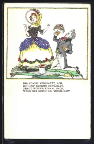 Künstler-AK Robert Philippi: Mann mit Blumenstrauss kniet vor einer hübschen Frau